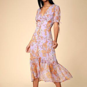 ASTR Chandler Lilac Floral Print Short Sleeve Midi Dress